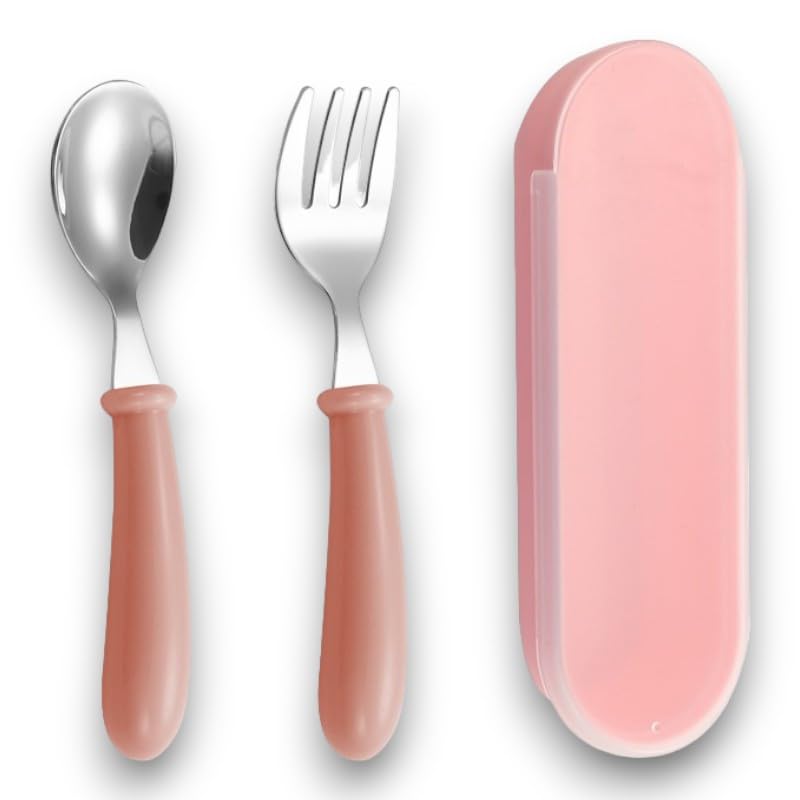 Image of 2-Piece Portable Cutlery Set - Metal Spoon & Fork with Plastic Handle and Travel Box for Lunch Box, Office, School, Home & Kids (Pink)