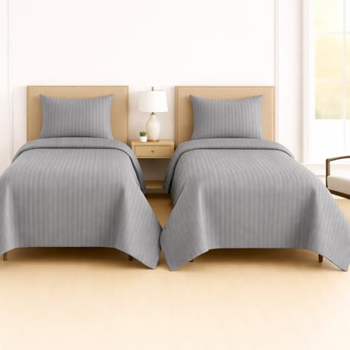 Image of DECOR2ADMIRE 300 Thread Count Premium Glace Cotton Plain Stripe Single Bedsheet with One Pillow Cover (60 inch x 90 inch) (Grey, Pack of 2)