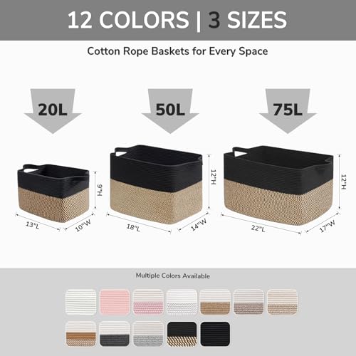 Image of Goodpick 75L Extra Large Woven Rope Blanket Basket, Rectangle, Black | 22 inch x 17 inch x 12 inch Decorative Storage Basket for Pillows, Toys & Clothes, Fits Bedroom & Nursery Organization, Writable Label