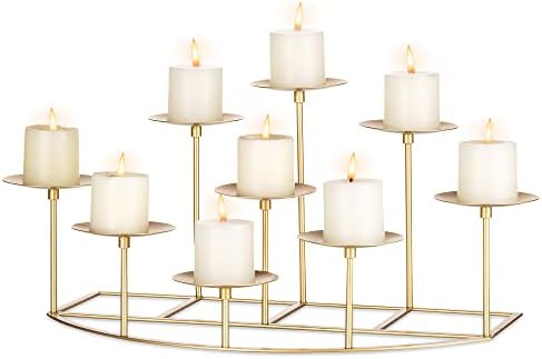 Sziqiqi Pillar Candle Holders Mantelpiece Candelabra with 9 Candle Stands, Gold Metal Candle Holder for Pillar for Christmas Wedding Table Centerpiece Candleholders for Fireplace Decoration