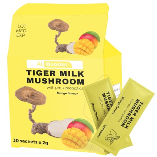 Lignosus Leche de Tigre Champiñón sabor mango - Polvo instantáneo natural con yogur y champiñón - 30 Bolsitas - Ideal para bebidas, batidos y postres