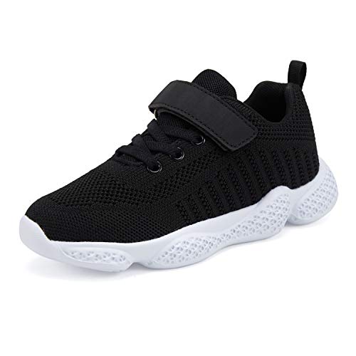Casbeam Kids Breathable Sneakers Mesh Lightweight Easy Walk Casual Sport Strap Athletic Running Shoes for Boys Girls 050 Black 35