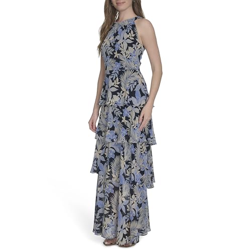 Image of Tommy Hilfiger Women's Sleeveless Halter Neck Tiered Skirt Maxi Dress
