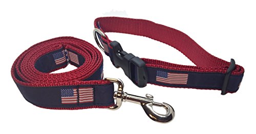 Preston American Flag Dog Collar and Leash Set - American Flag on Navy Blue Ribbon with Red Nylon Webbing (Large)