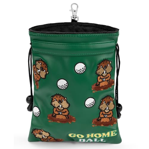 HOOKED ON GOLF Valuables Pouch, Funny Golf Ball Pouch Bag with Drawstrings, Golf Tee Bag Accessory Bag, Unique Golf Gifts for Men Golfers (Green-Groundhog)
