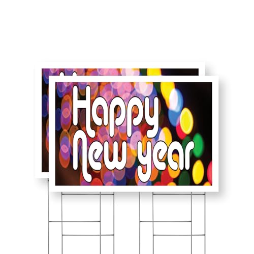 Happy New Year Yard Sign 2 Pack of 24 Inch x 36 Inch Single Sided Weatherproof Heavy-Duty Plastic with Stake | Holiday Celebrations, Event Promotions, Eye-Catching Design | Made in USA