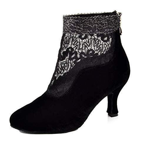 MGM-Joymod Women's Lace Floral Mesh Suede Salsa Tango Modern Latin Dance Ankle Boots Prom Evening Wedding Shoes/Black 9 M US
