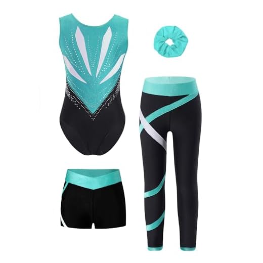 inhzoy Mädchen Turnanzug Mit Hose Kurz&Lang Ärmelloser Farbblock Trikot Leggings Shorts Und Haargummi Set Gymnastik Tanzkleidung A Blau&Grün 134-140