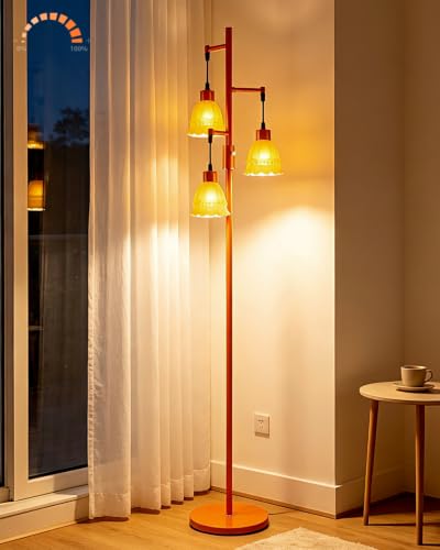 Image of Lightdot 3-Lights Glass Floor Lamp Dimmable Orange Floor Lamp with Orange Glass Shade 3000K Bulbs Included Unique Modern Standing Tall Lamp with 5Lbs Heavy Base for Living Room /Bedroom /Sofa Beside