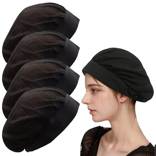 Sdfvsdg 4 Pack Chefs Hat Adjustable Kitchen Cooking Chefs Cap Food Service Hair Nets Mesh Cooking Hats Restaurant Beanie Black