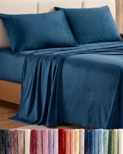 Image of Fleece Sheets Queen Size Set - 4-Piece Velvet Flannel Sheet Set - Navy