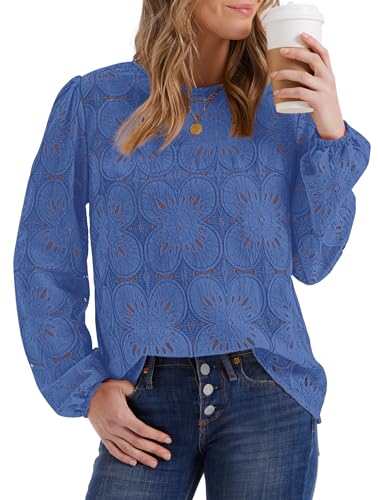 Image of OFEEFAN Blouses for Women Dressy Casual Spring Tops 2026 Summer Outfits Flower Lace Crochet Long Sleeve Shirts