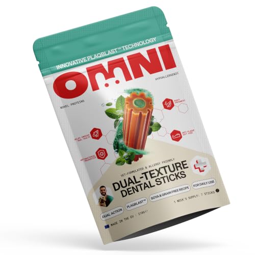 Omni Dental Sticks for Dogs - Dual Texture with PlaqBlast Technology Natural Plaque Remover with Toothpaste-like Anti-Plaque Core Vet Formulated Hypoallergenic Soya & Grain Free 7 Sticks
