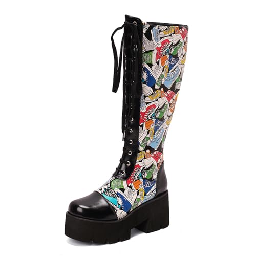 Bottes hautes imprimées pour femmes à lacets et talon épais de 8cm