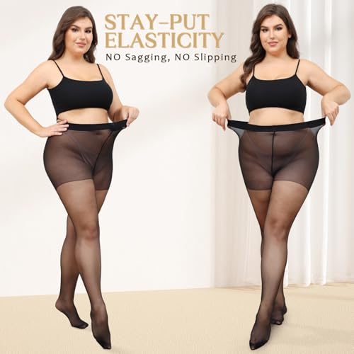 Image of CASMON 3 Pairs Plus Size Sheer Tights for Women, High-waist 20D Pantyhose Control Top with Reinforced Toe for Daily(XL-4XL)