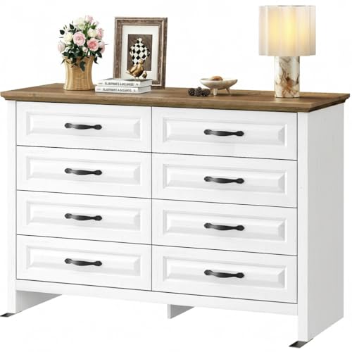 Marsail Farmhouse 8 Drawer Dresser, Wood Chest of Drawers with Natural Texture, Smooth Gliding Drawers, Versatile Storage Organizer Cabinet for Bedroom & Living Room, White and Brown