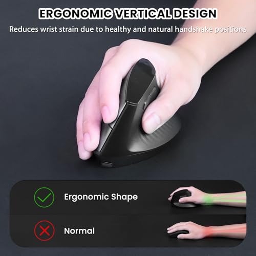 AJAZZ i300 Ratón Ergonómico Vertical Inalámbrico, 2,4GHz/BT, 84g de peso Ligero, Silent Clicks, ángulo Vertical de 57°, Reduce Muscle Strain, 1600DPI, Ratón de Oficina para Win/Mac/iPad/Laptop, Negro - imagen 3