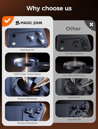 Image of MAGIC JOHN 2 pack for iPhone 17 Pro Max /17 Pro Camera Lens Protector,Blue | [Alignment Kit&1:1 Invisible Fit] 9H Aerospace Tempered Glass, Ultra HD, Metal Individual Ring
