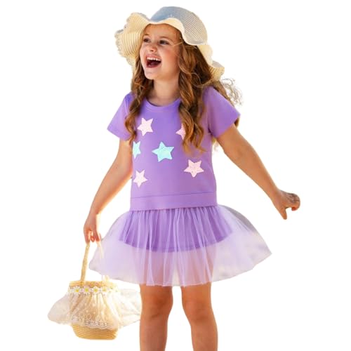 Image of HILEELANG Little Girl Short Sleeve Dress Easter Cotton Casual Applique Tunic Shirt Dresses