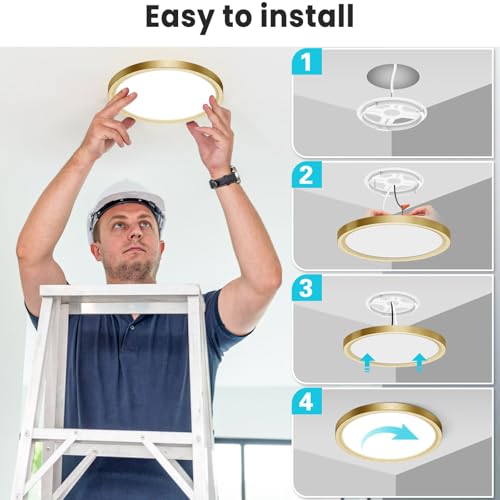 Image of Libtit 7 Inch Golden Flush Mount Light, 15W Aureate Ceiling Light Fixture, 3000K /4000K /6500K Color Selectable, Gilded Round Lighting for Bedroom, Kitchen, Pantry, 4Pack