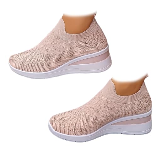 Zapatillas de cuña transpirables con diamantes de imitación brillantes para mujer, zapatos de malla con diamantes de imitación para caminar, zapatillas de cuña brillante, Rosa B, 44 EU
