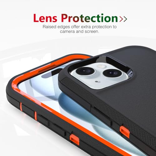 Image of Case for iPhone 15, Heavy-Duty Tough Rugged Shockproof Drop Protective Cover Phone Cases, Black+Orange