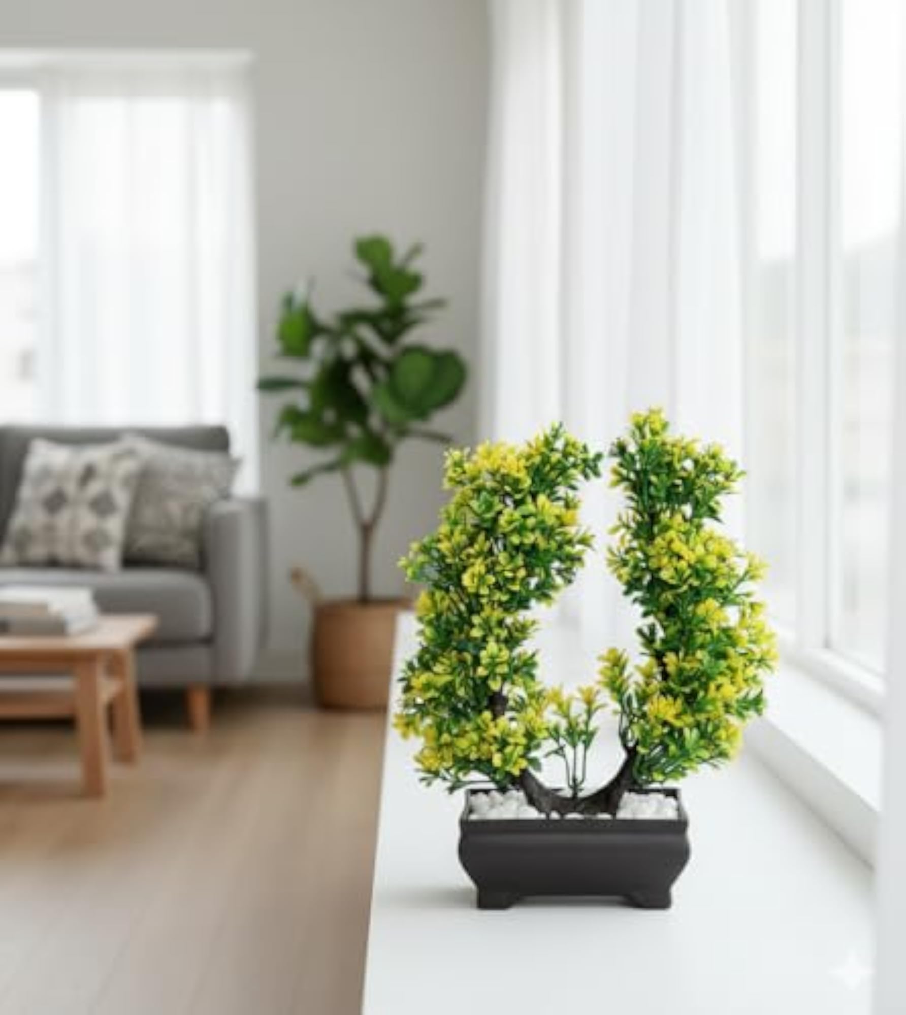 Artificial Yellow Leaf Plant with White Stones, Home Decor