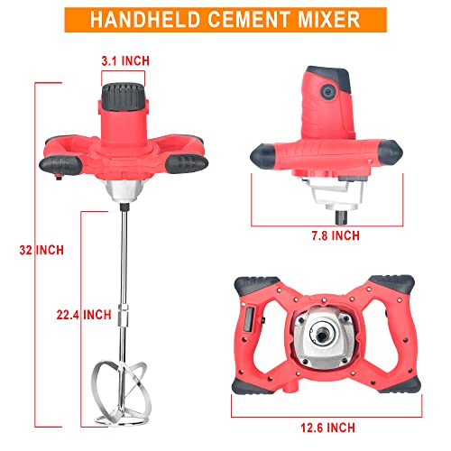 2100W Handheld Mixer Concrete Mixer， Electric Cement Mixer Concrete Mixer For Drill，110V Paint Mixer With Gloves， 6 Speed Adjustment Power Portable Mixer, Red Case #TOP5