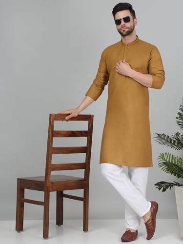 Image of KRAFT INDIA Men's Cotton Solid Kurta With Drawstring Pyjama Set