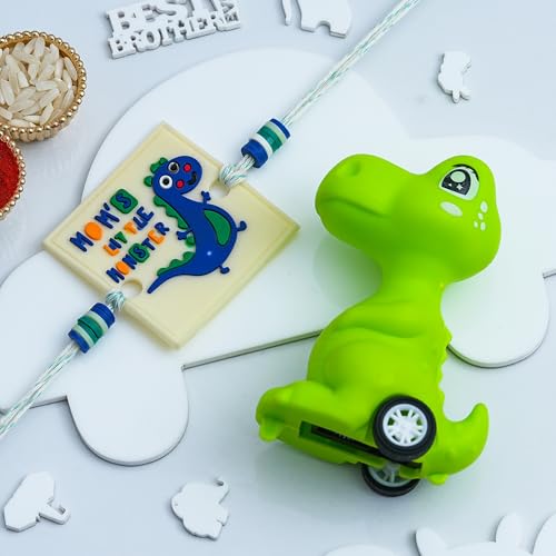 Image of eCraftIndia Mom's Little Monsters Dinosaurs Rakhi for Kids with Best Bro Ever Fridge Magnet | Kids Rakhi for Brother Bhaiya Bhai | Dinosaur Gift | Roli Chawal Pack