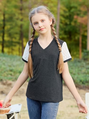 Image of GORLYA Girls Lace Sheer Sleeve Contrast T-Shirt Short Sleeve V Neck Casual Modest Tee Tops for 6-16Y