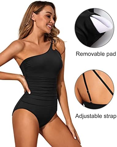 Holipick One Shoulder One Piece Swimsuit for Women Tummy Control Bathing Suits Modest Full Coverage Keyhole Swimwear Black — view 3