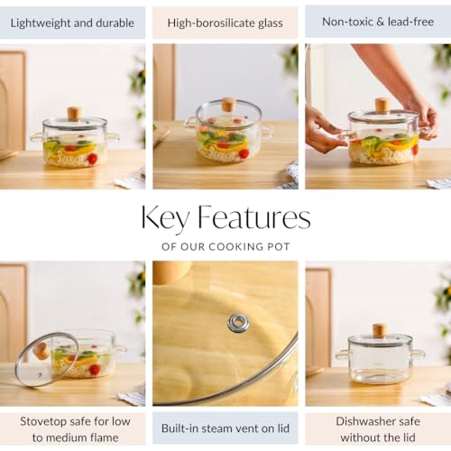 Image of Nestasia Borosilicate Glass Cooking Pot with Glass Lid (1800 ml) - Lightweight & Durable Casserole with Air Vent Lid on Gas Stove | Microwave & Dishwasher Safe Handi for Kitchen