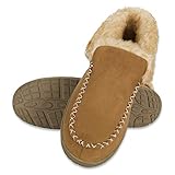 Chaps Men's Suede Moccasin Slipper House Shoe with Memory Foam Indoor/Outdoor Nonslip Sole Slipper, Tan Faux Fur Bootie, Large