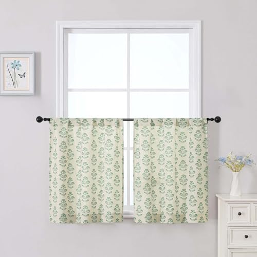 WelvetBLK Floral Curtains - 24 Inch Farmhouse Cafe Tier Curtains for Small Window, Faux Linen Light Filtering Half Window Drapes Over Sink Living Room Bathroom, Rod Pocket 2 Panels Sage Green