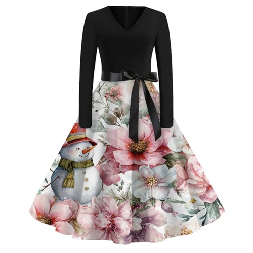 Vestido Navidad mujer manga larga escote en V y falda ajustada línea A elegante 3