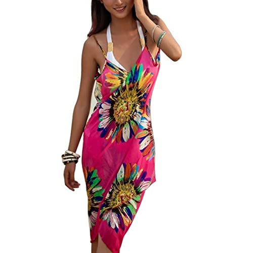 Litthing Paréo Bohème de Plage Femme Bikini Cover Up Bretelles Dos Nu Cache-Maillots Bikini Femme Robe de Plage Boho Longues Col en V Serviette de Plage (Rouge)