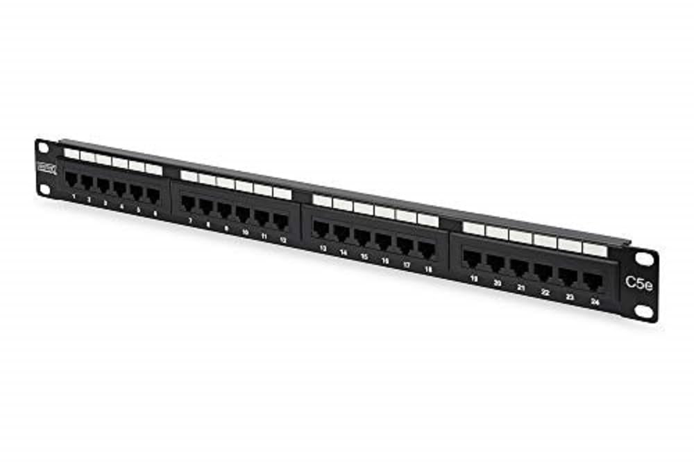 DIGITUS Patchpanel, 24 RJ45, Cat-5e, ungeschirmt, 19-Zoll 1HE, LSA Patch-Feld, Schwarz