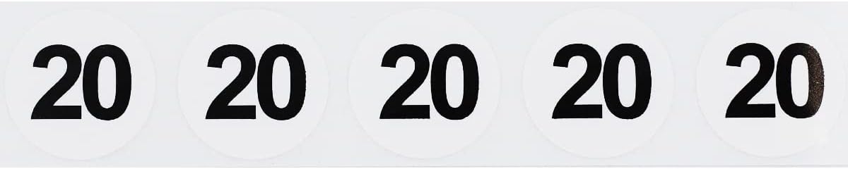 White with Black Number 20 Circle Dot Stickers, 3/4 Inch Round, 500 Labels on a Roll for Organization and Inventory - Semi-Gloss Finish - Made in the USA
