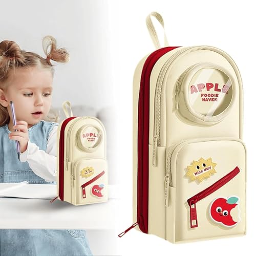 Image of WORSHIPER Cute Backpack Style Pencil Case with Visible Display Window, Multi-Layer Large Capacity Stationery Organizer for Kids & Students (Apple Foodie-CREEM Pouch)