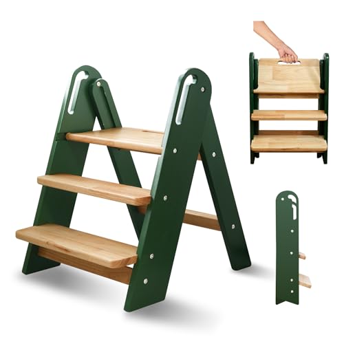 Image of Wooden Step Stool for Toddler, Kids Step Stool for Bathroom Sink, Foldable Toilet Potty Training Stool with Non-Slip Pads and Handles, Child Kitchen Counter Wooden Ladder for Toddlers