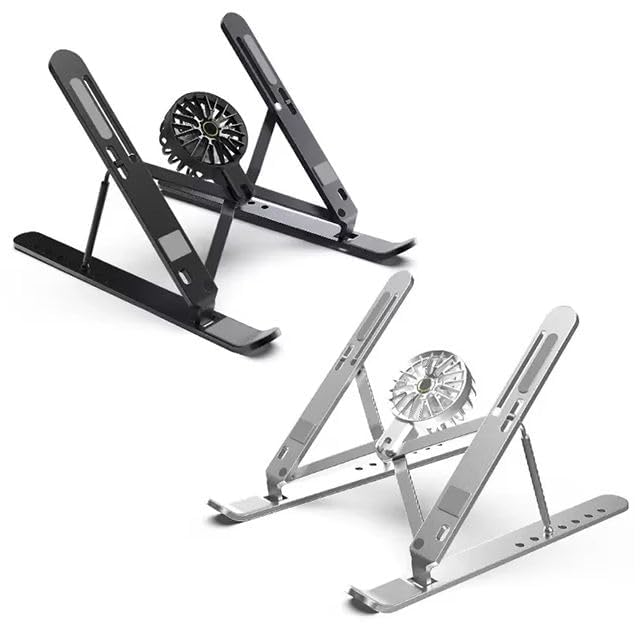 Image of Foldable Aluminium Alloy Laptop Stand with Detachable Cooling Fan, Adjustable Height, for Laptops and Tablets