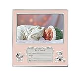 MIMOSA MOMENTS Baby Girl Picture Frame 4x6 Horizontal, Silver-Tone Pink Metal Frame with Bear & Pram Birth Details Tag, Newborn Keepsake Frame for Baby Shower, First Year & Nursery Decor