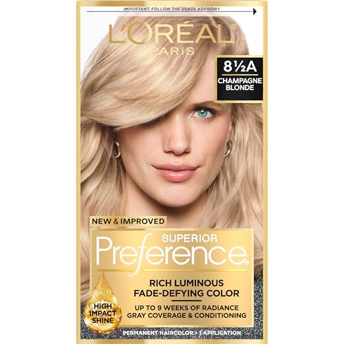 L'Oreal Paris Superior Preference Luminous Fade-Defying Permanent Hair Color, Hair Dye For Up to 9 Weeks of Radiance, Champagne Blonde 8.5A, 1 Hair Dye Kit