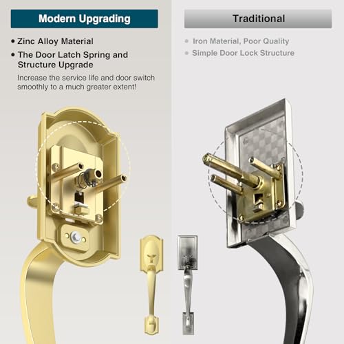 Image of Front Door Handle, Gold Exterior Door Handle with Passage Lever, Vintage Front Entry Door Handle No Lock, Reversible for Left & Right Handed Doors, Lower Half Grip, Satin Brass