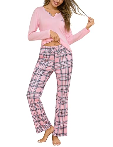 Bresdk Women's Pyjama Set Ladies Cotton Long Sleeve Plaid Pjs Set Casual Soft Lounge Wear Sleepwear Pink XXL