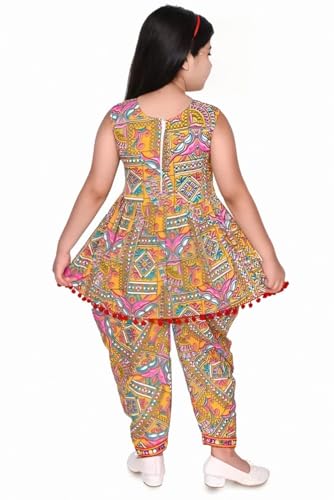 Image of Girls Ethnic Kurti and Dhoti Pant Set - Sleeveless Printed Outfit with Pom-Pom Hem | Dress for Kids