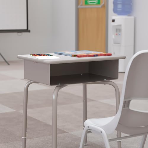 Image of Flash Furniture Billie Student Desk - Gray Granite Open Front School Desk - Silver Metal Frame - 24 inchW x 18 inchD Adjustable Height, Durable for School or Remote Learning