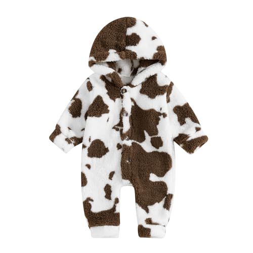 Newborn Boys Girls Fleece Western Jumpsuit Long Sleeve Button Zebra Cow Print Hooded Romper Infant Baby Winter Clothes