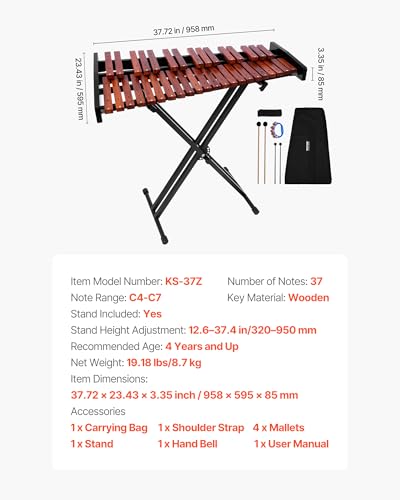 Image of VEVOR Glockenspiel Xylophone, 37 Notes, Wooden Professional Xylophone Percussion Instrument, with Height Adjustable Stand, 4 Mallets, Carrying Bag, Beginner Musical Instrument Kit for Adults and Kids